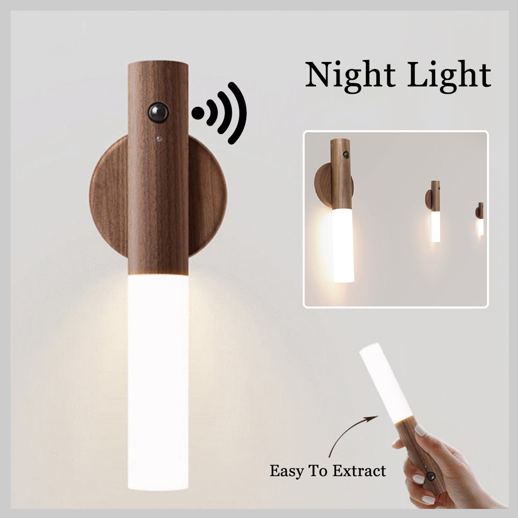 Auto LED USB Magnetic Wood Motion Sensor Wireless Night Light