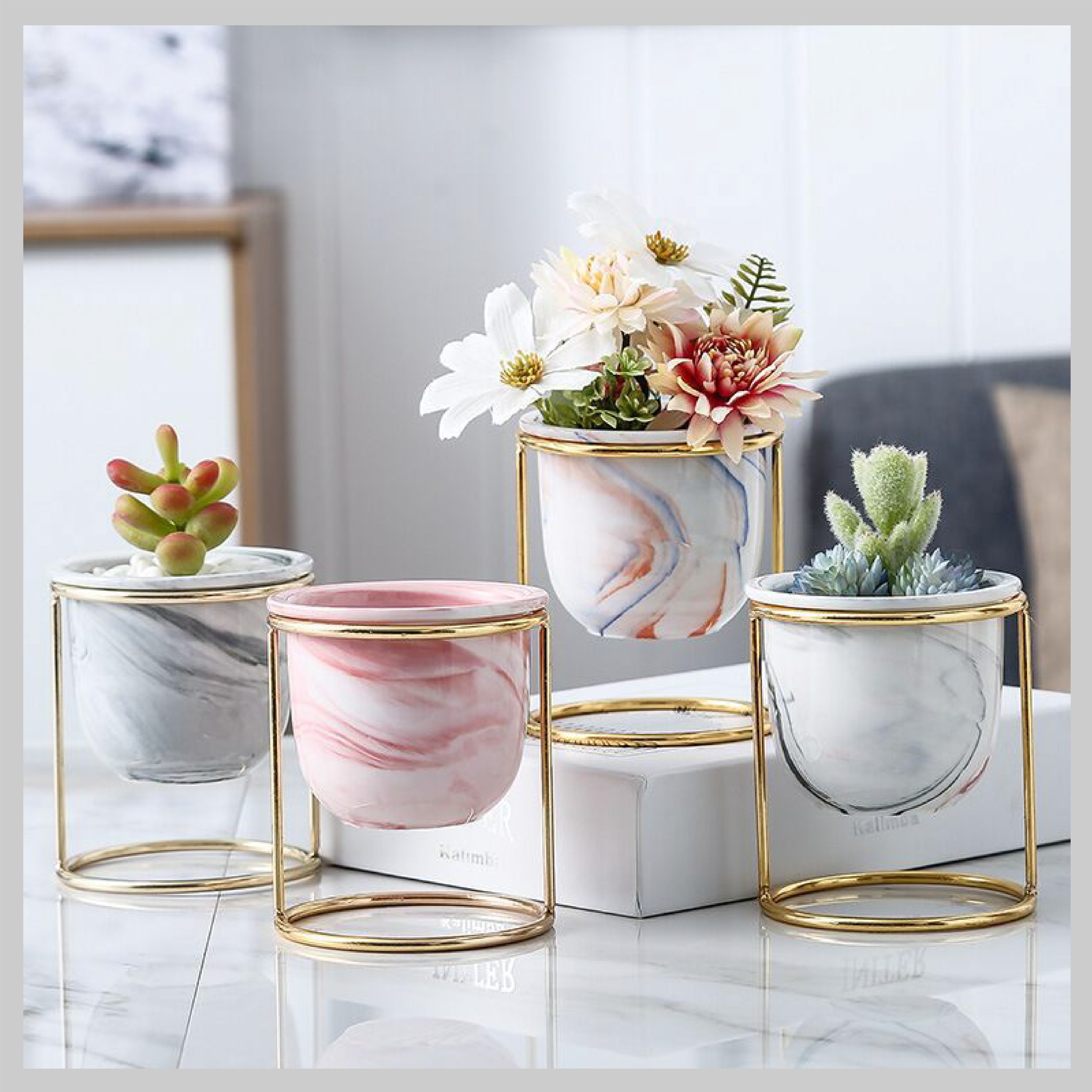 Marble Pattern Gilded Ceramic Flower Pot