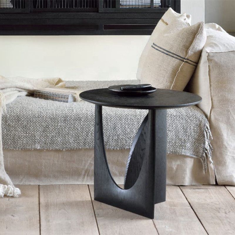 Round Solid Wood Side Table Geometric Designer Corner Table (Black B)